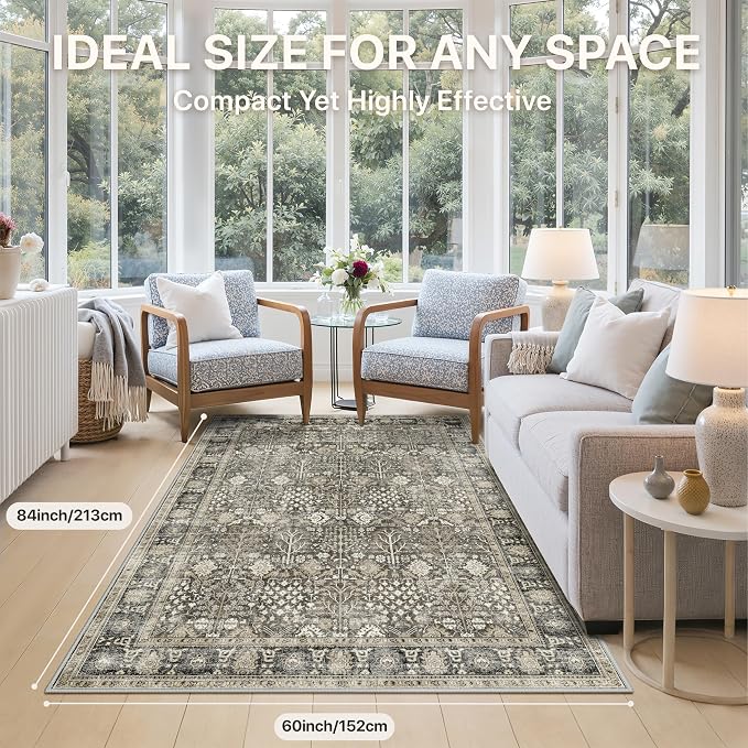Bavni Area Rugs for Living Room, 5X7 Washable Rug Non-Slip Washable，Ultra-Thin Aesthetic Boho Rug for Bedroom Dinning Room Office,Beige/Brown