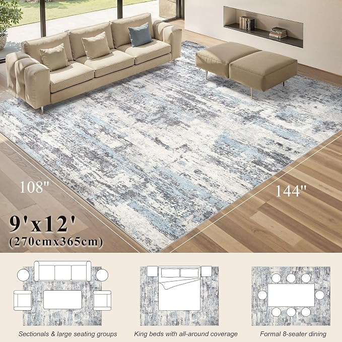 Area Rugs 9x12 Living Room: Washable Large Abstract Modern Neutral Soft Rug Stain Resistant Non-Slip Backing Carpet for Bedroom Dining Room Indoor Nursery Dorm Home Office Decor - Blue Grey