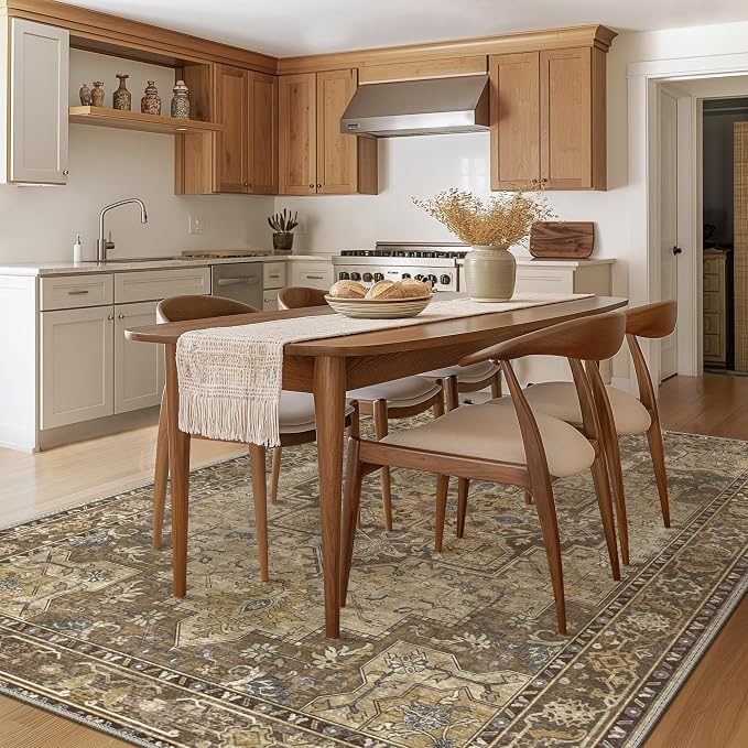 GENIMO 6x9 Area Rugs for Living Room, Machine Washable Non Slip Vintage Rugs, Low Pile Lightweight Print Rug for Bedroom, Dining Room, Home Office, Rustic Brown
