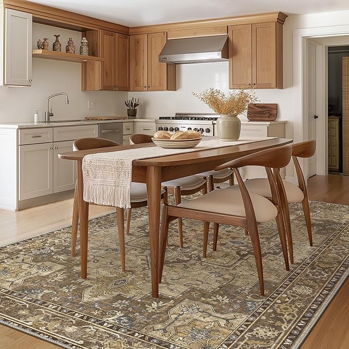 GENIMO 8x10 Area Rugs for Living Room, Machine Washable Non Slip Vintage Rugs, Low Pile Lightweight Print Rug for Bedroom, Dining Room, Home Office, Rustic Brown