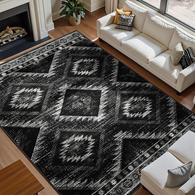 BESTSWEETIE Area Rug 10x12 Rug Machine Washable Non-Slip Low Pile Print Pattern Western Rug for Living Room Bedroom Entryway Tribal Series-Black