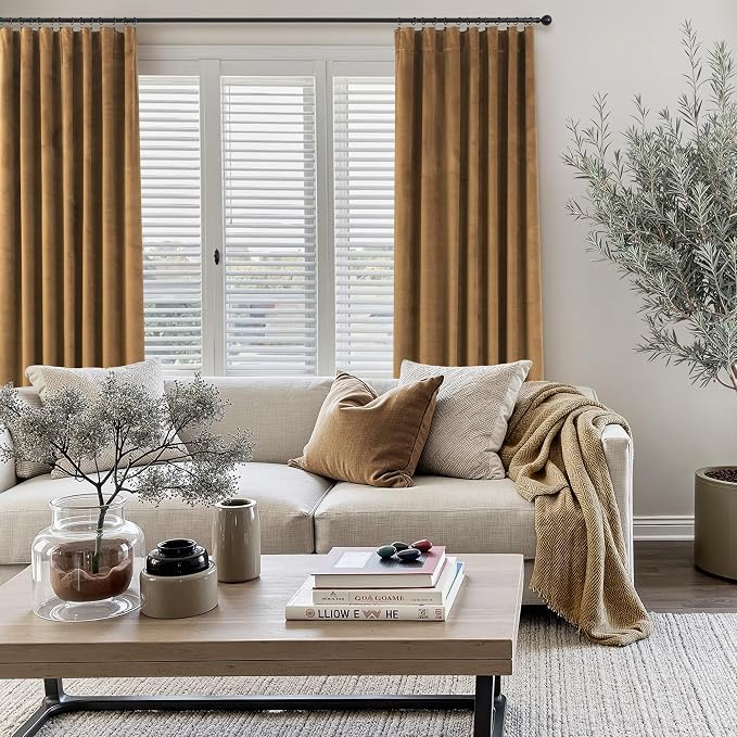 Gold Brown Velvet Curtains 108 Inch Long 2 Panel Sliding Door Insulating Soundproof Noise Reduction Drape Mid Century Modern Living Room Darkening Curtain for Bedroom Victorian Textured Extra Wide 9FT