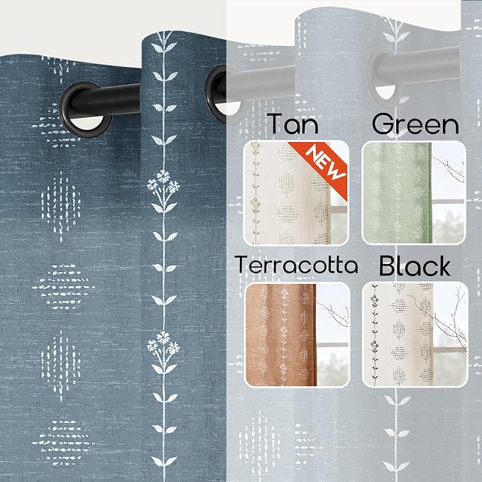 Denim Blue Modern Farmhouse Curtains, Vintage Dusty Blue Grey Chambray Linen Scandinavian Global Inspired Tie Dye Ikat Look Curtains for Living Room Bedroom