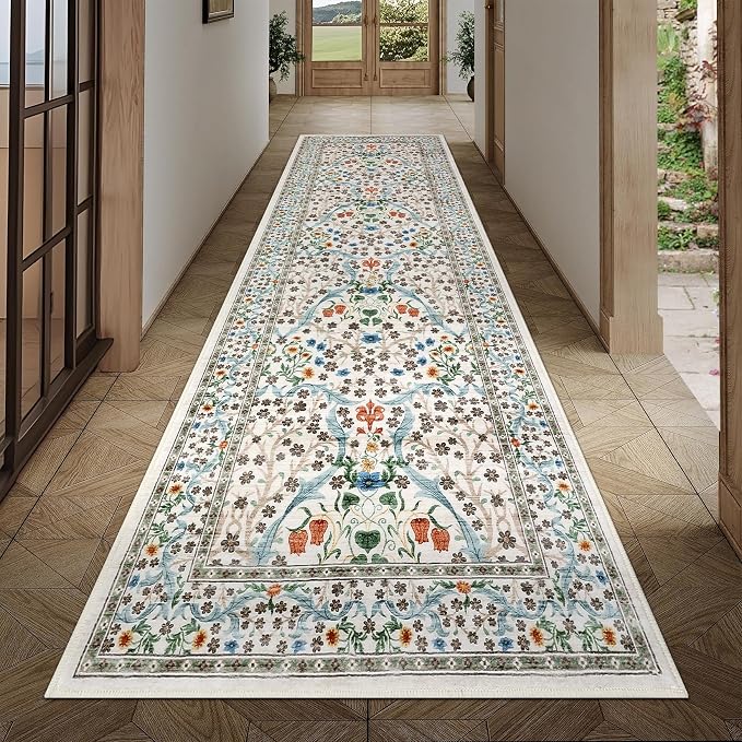 GarveeHome Floral Hallway Runner Rug Non-Slip, 2.5x10 Washable Rugs Ultra-Thin Soft Rug for Hallways, Kitchen Mat Stain Resistant Carpet for Entryway Bathroom, Beige