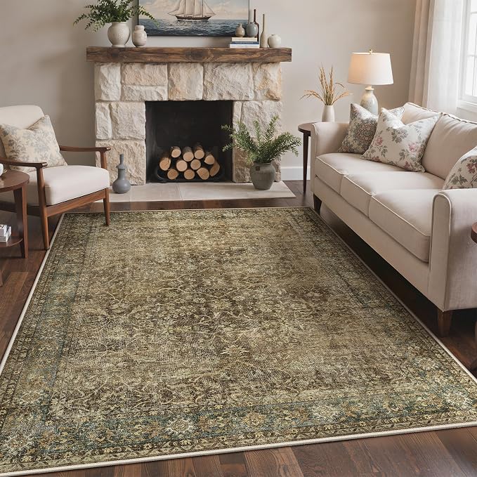 Bavni Area Rugs for Living Room, 5x7 Washable Rug Non-Slip Washable，Ultra-Thin Aesthetic Boho Rug for Bedroom Dinning Room Office,Green
