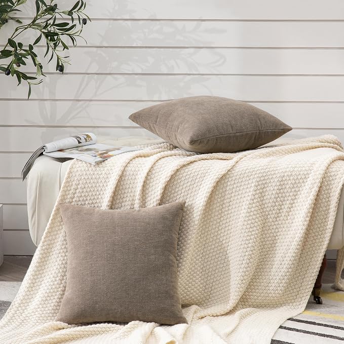 GAWAMAY Decorative Square Throw Pillow Covers 18"x18" Inch Set of 2, Super Soft Chenille Pillows Farmhouse Fall Pillowcase for Living Room Bedroom Sofa Couch Cushion Cover Taupe Grey 45x45cm