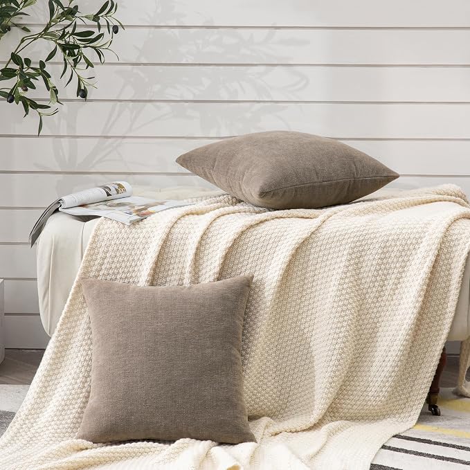 GAWAMAY Decorative Square Throw Pillow Covers Set of 2, Super Soft Chenille Farmhouse Fall Pillowcase for Living Room Bedroom Sofa Couch Home Decoration Cushion Cover Taupe Grey 55x55cm/22x22