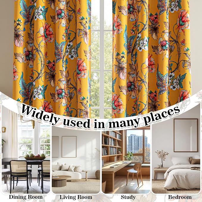 MYSKY HOME Floral Blackout Curtains 95 inches Length Black Out Thermal Insulated Privacy Protect Vintage Spring Window Treatment Grommet Top for Living Room Dining Room, 2 Panels, 52" x 95", Yellow