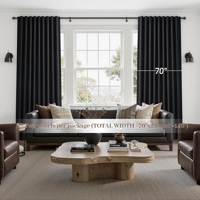 Black Out Curtains 70 Inches Extra Wide Luxury Linen Curtains 96 Inch Length for Living Room, Pleated Farmhouse Bedroom Thermal Heavy Drapes for Winter Thick Large Window 70"W x 96"L 2 Panels