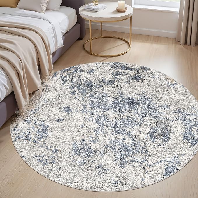 5ft Round Area Rugs for Living Room: 5x5 Abstract Washable Rug Modern Large Soft Stain Resistant Non-Slip Backing Machine Table for Bedroom Dining Room Indoor Home Office Carpet - Blue Brown