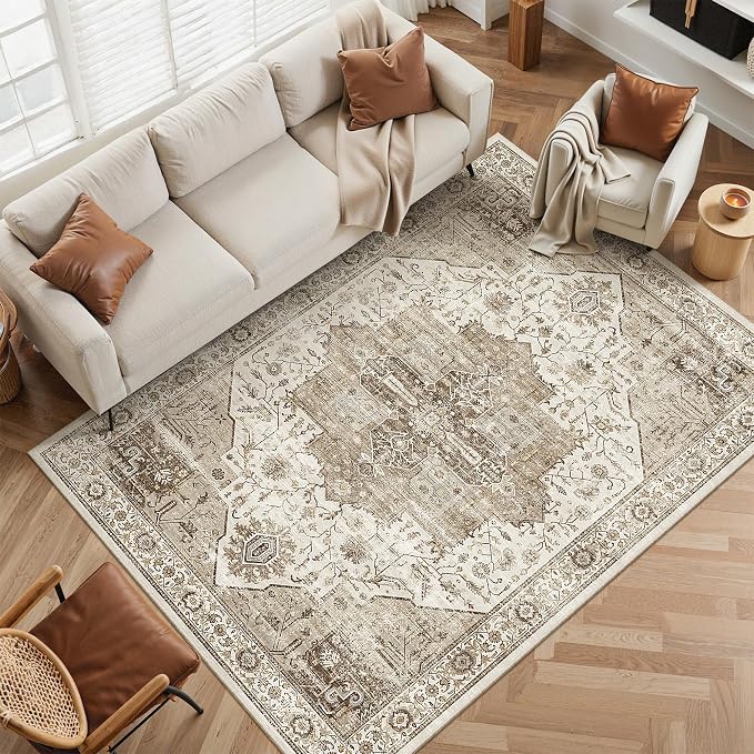 Roxstand Living Room 6x9 Washable Area Rugs, White/Brown | Large Area Rug, Non-slip Backing, Super-Soft Floral Vintage, Low Pile, For Living Room, Bedroom, Dining Room, Office