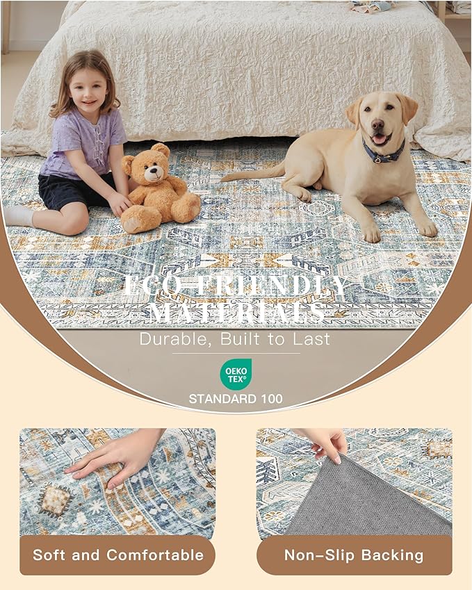 Madane Kitchen Runner 2'6''x8' Soft Rug Runners for Hallways, Blue/Gold | Vintage Machine Washable Rugs 2.5x8 Ft, Non-Slip Low Pile Stain-Resistant 8ft Floor Carpet for Laundry Room Corridor