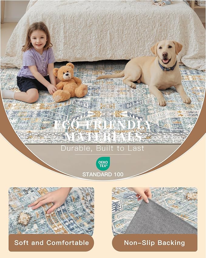 Madane Washable Runner Rugs 2x12 Long for Hallway Kitchen Soft, Blue/Gold | Non-Slip Vintage Printed 12ft Rug Runners with Rubber Backing, Low-Pile Floor Carpet Laundry Room Entryway, Corridor