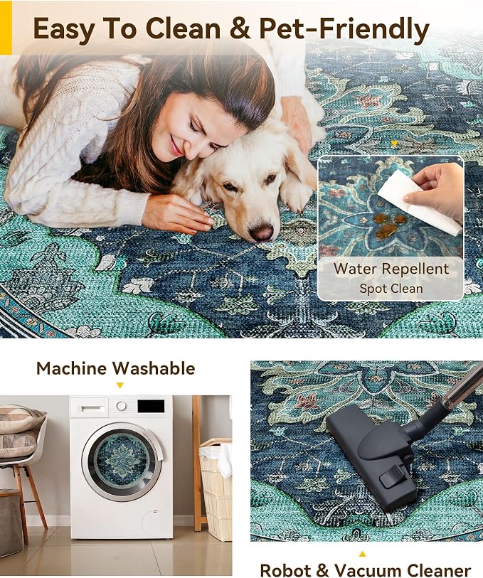 RELEANY Area Rugs Round 6ft Washable Non-Slip, Floral Vintage Distress Medallion Carpet for Living Room Bedroom Dining Room, Teal Green Lake Blue Turquoise