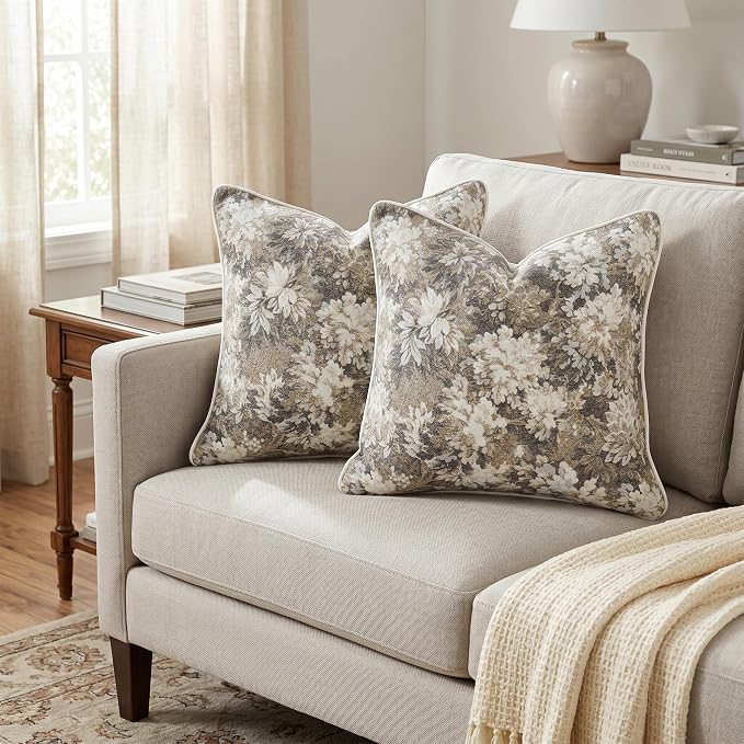 Vintage Floral Throw Pillow Covers 20x20 Inches Set of 2 Boho Farmhouse Pillow Cases Premium Chenille Textured Decorative Cushion Covers for Couch Retro Garden Farmhouse Style Taupe