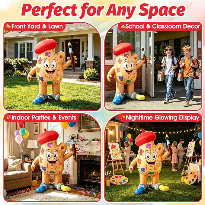 4FT Back to School Inflatable Palette Outdoor Decorations, Blow Up Artist Palette with Paintbrush Built-in 2 LED Lights for First Day of School & Art Paint Party, Classroom Yard Garden Photo Props