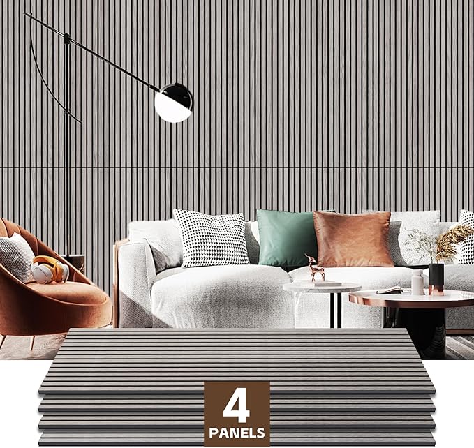 4 Pack Wood Panels for Wall, 47.2"×23.6" Wood Slat Acoustic Panels for Wall, Soundproof Panels, 3D Fluted Panels for Interior Decor (Grey)