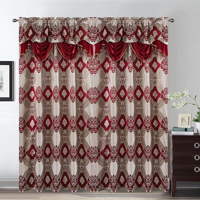 Petrichor Elegant Curtains with Gold Silver Threads 2 Panels Set - Luxury Window Treatment Attached Valance, Sheer Backing, and 2 Tie Backs for Bedroom and Living Room, 54x95 inches, Burgundy