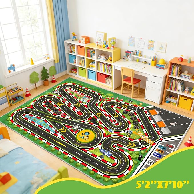 Kids Racing Rug 31''x47'' Car Road Kid Rug Carpet Playmat for Playoom Traffic Road Kid Play Mat for Bedroom，Kids Educational City Traffic Road map Fun Carpet (Green)