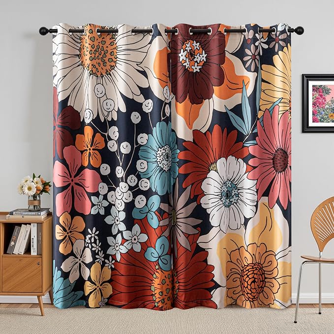 MYSKY HOME Boho Floral Blackout Curtains for Bedroom 63 inch Long Botanical Black Out Curtains for Living Room Grommet Thermal Insulated Room Darkening Window Drapes for Home Decor,2 Panels, 52"x63"