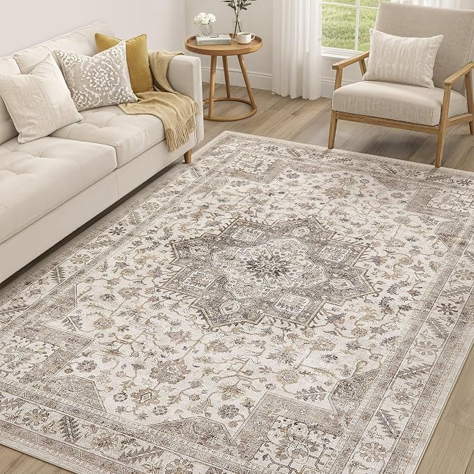 Vintage Living Room Area Rug 7x9 - Large Soft Washable Oriental Traditional Distressed Farmhouse Rugs for Bedroom - Indoor Floor Accent Carpet for Home Office House Decor - Light Brown