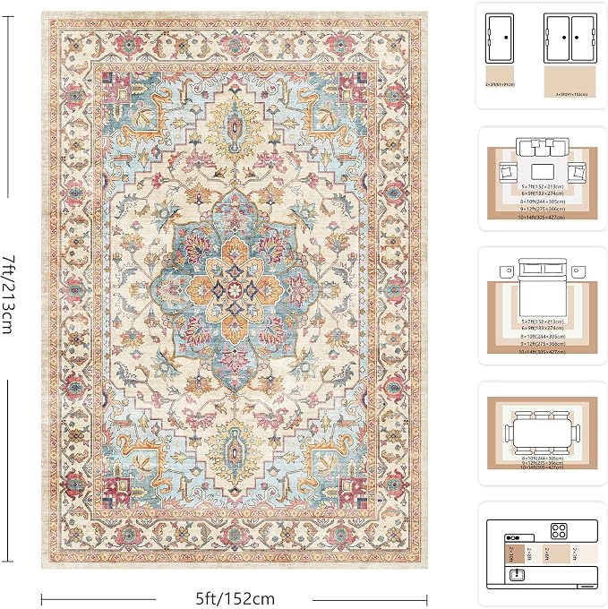5x7 Area Rugs - Washable Rug Vintage Distress Boho Medallion Rugs for Living Room, Soft Non-Slip Backing Low Pile Carpet for Bedroom Dining Room Office Nursery Dorm Home, Vintage Orange