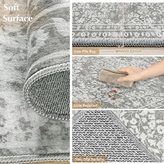 Vintage Living Room Area Rug - 8x10 Large Machine Washable Boho Area Rug Distressed Floral Rugs for Bedroom, Soft Non-Slip Indoor Floor Accent Rugs for Office Dining Room (Floral Grey, 8'x10')