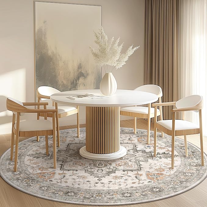 GENIMO 3FT Round Area Rugs for Living Room, Circle Rugs Machine Washable Low Pile, Non Slip Vintage Rug for Bedroom, Dining Room, Home Office, Light Taupe Brown