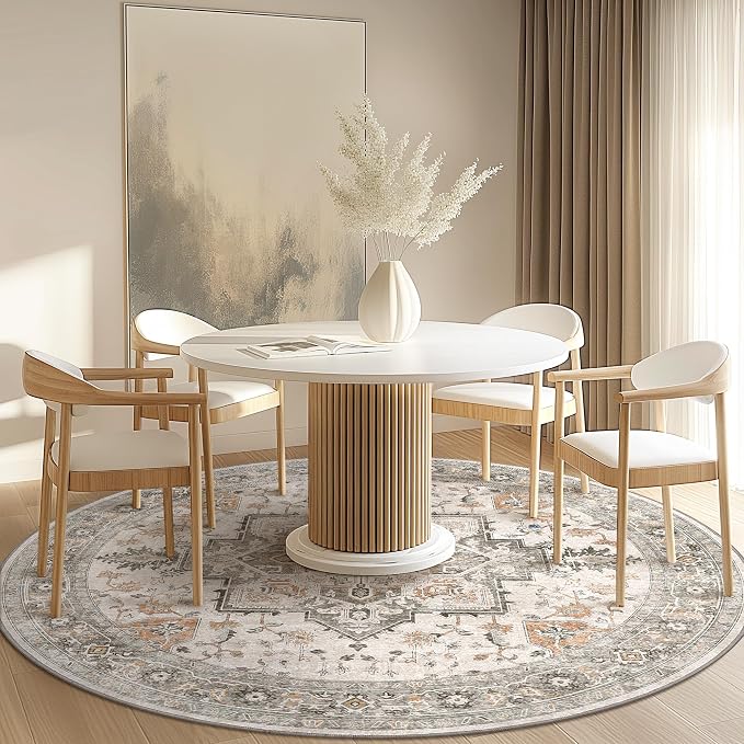 GENIMO 4FT Round Area Rugs for Living Room, Circle Rugs Machine Washable Low Pile, Non Slip Vintage Rug for Bedroom, Dining Room, Home Office, Light Taupe Brown