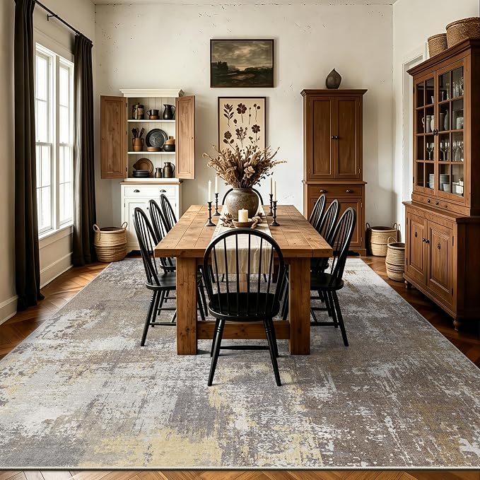 8x10 Rugs for Living Room - Modern Abstract Washable Rug, Ultra Soft Non Slip Low Pile Large Rugs, Floor Carpet for Bedroom Dining Room Office Laundry Nursery Home（Taupe）
