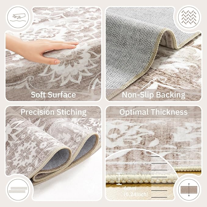 Soalmost Washable Round Rug 8ft for Living Room,Soft Circle Rug Light Brown | Vintage Floral Ultra-Thin Non-Slip 8x8 Round Throw Carpet for Nursery Bedroom Kitchen Dining Room 8'Round