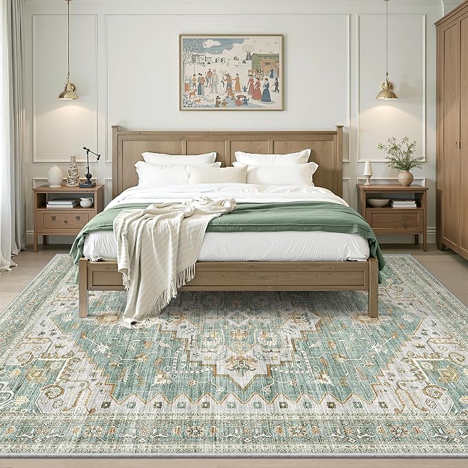 Living Room 10x14 Area Rugs, Washable Area Rug Stain Resistant Carpet Vintage Soft Rugs for Bedroom with Non Slip Backing Indoor Home Decor (10'x 14',Green)