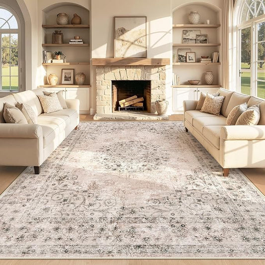 Area Rug 8x10 Vintage Rug: Large Washable Indoor Medallion Rugs Low Pile Distressed Floor Carpet Retro Accent Rug for Living Room Bedroom Kitchen Dining Table Home Office(Distressed Brown, 8'x10')