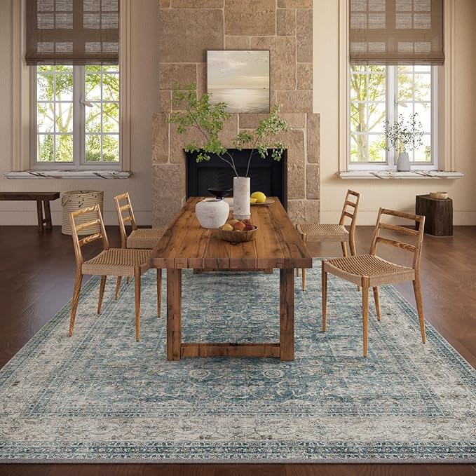 Area Rugs 9x12 Living Room: Washable Rugs for Bedroom Vintage Stain Resistant Non Slip Low Pile Large Boho Carpet for Kitchen Dining Room Farmhouse Kids Room Nursery