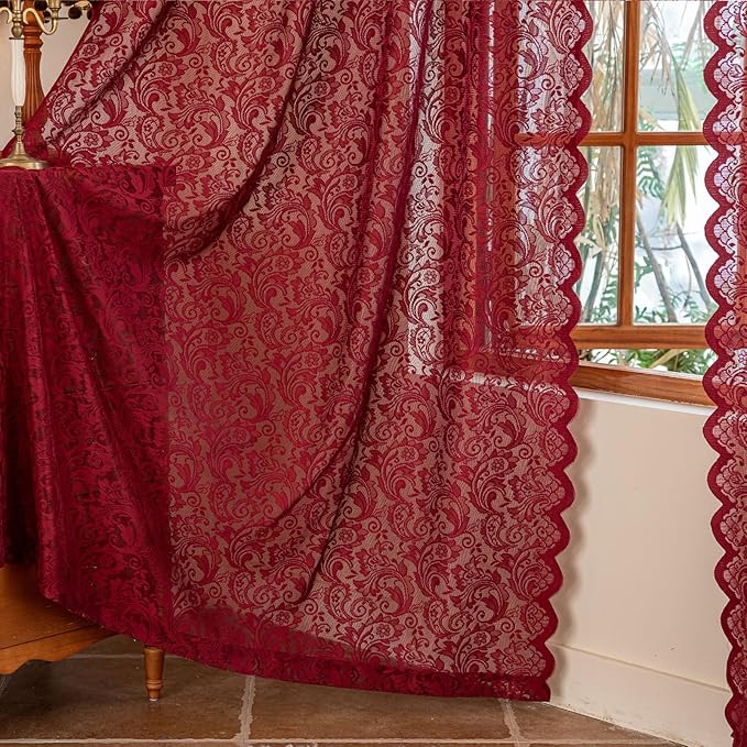 ALIGOGO Burgundy Lace Curtains 72 Inch Length, Retro Sheer Flower Maroon Sheer Curtains for Bedroom French Door, Luxury Light Filtering Rod Pocket Aesthetic Window Treatments, 52 W x 72 Inch, Wine Red