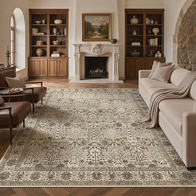 Bavni Washable Rugs 10x14 Machine Washable Rug Lightweight Low Pile, Vintage Floral Rug Non-Shedding Distressed Throw Carpet for Living Room Bedroom Office, Dark Dark Espresso