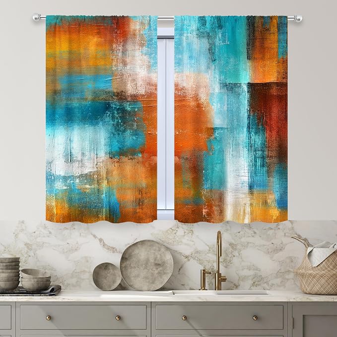 MESHELLY Brown Blue Abstract Kitchen Curtains 27.5W x 39H Inch Rod Pocket Rust Burnt Orange Teal Art Painting Modern Contemporary Watercolor Cool Oil Print Bedroom Window Drapes 2 Panel