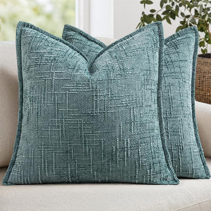 MIULEE Slubby Textured Decorative Throw Pillow Covers 18x18 Inch Set of 2 Boho Farmhouse Soft Cozy Chenille Pillows Cushion Cases Modern Home Decor for Couch Sofa Bed Living Room, Teal