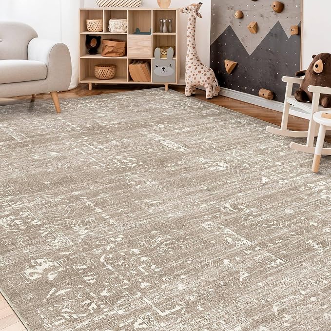 Area Rug for Living Room - 7x9 Soft Washable Oriental Vintage Floral Distressed Large Carpet - Fade Stain Resistant Non Slip Rugs for Bedroom Dining Room Nursery Dorm Office Home Decor - Camel