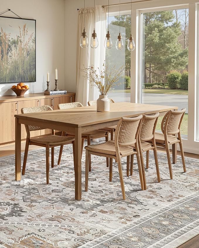 8x10 Vintage Area Rug: Washable Neutral Soft Non Slip Thin Large Floor Carpet for Living Room Bedroom Kitchen Dining Room Home Office Farmhouse Indoor - Taupe