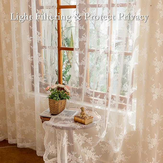 MEETSKY White Lace Curtains 63 Inch Length, Sheer Lace Curtain for Bedroom, Floral Vintage Light Filtering Short Curtains for Princess Room Living Room, Lace Drapes 2 Panels, Each Panel 50W x 63L