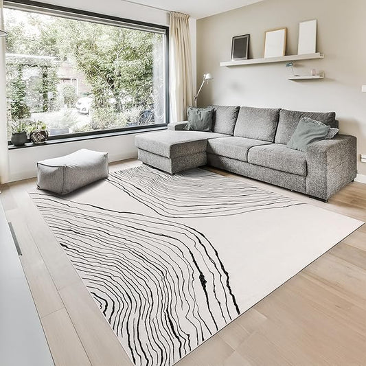 GLN Rugs Contemporary Collection - Machine Washable Area Rug, Contemporary Washable, Non Slip, Low Pile Chenille Rug, Living Room, Bedroom, Kitchen Rug (3' x 5' Beige Black)