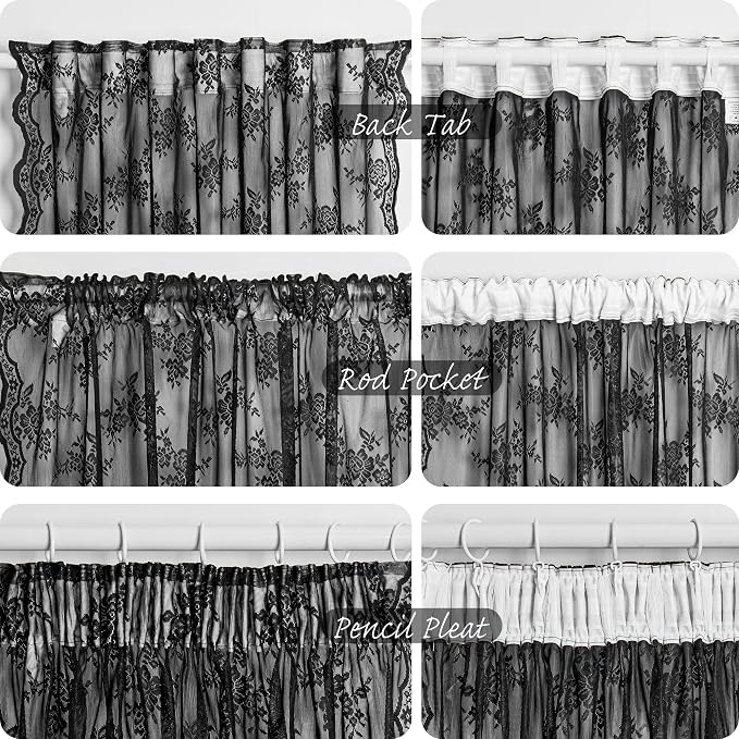 MEETSKY Black Lace Curtains 54 Inch Length Short Victorian Sheer Spooky Halloween Holiday Party Decor Rod Pocket Window Treatments for Small Windows, 50" Wide Each Panel, Black, 2 Pieces