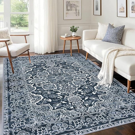 KUTA Area Rug 5x7 Navy Blue, Washable Rugs for Living Room Ultra Soft Non-Slip Printed Flower Distressed Vintage Floral Farmhouse Carpet for Bedroom Dining Room Dorm Office Home Décor