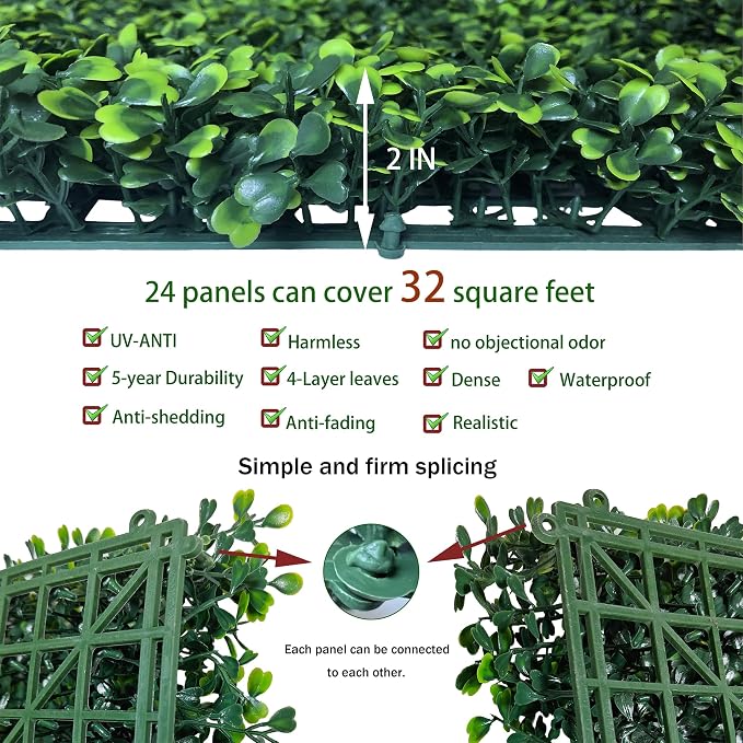 ODTORY Artificial Ivy Hedge Fence, 16"x12" 24P 32 sqft Grass Backdrop Wall | UV-Anti, Faux Boxwood Hedge Fence, 4-Layer Leaves, Garden/Backyard/Balcony Privacy Screen, Indoor Outdoor Wall Decor