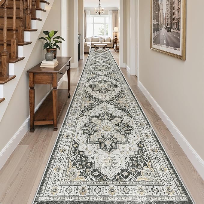 Madane Hallway Runner Rug 3x20 Washable Kitchen Runners 20ft, Black | Vintage Non Slip Extra Long Area Rugs , Low-Pile Farmhouse Wide Floor Carpet for Corridor Entryway Bathroom Bedroom