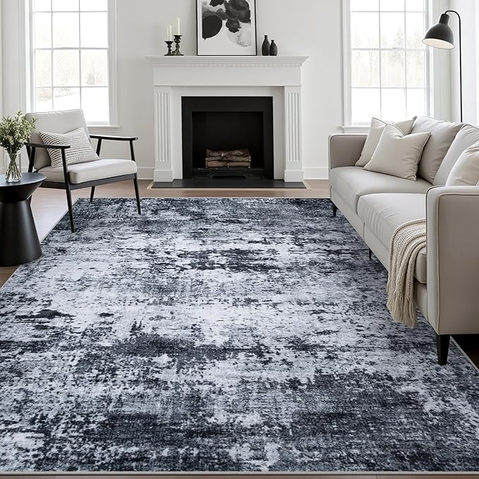 5x8 Area Rug Living Room Rug: Washable Modern Abstract Soft Thin Rug Indoor Floor No Slip Stain Resistant Carpet for Bedroom Dining Room Farmhouse Nursery Home Office - Black