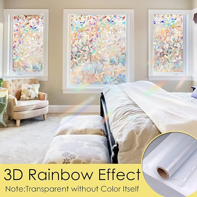 STATINT Stained Glass Privacy Film, UV Blocking Rainbow Static Cling Non-Adhesive Vinyl Stickers for Home Door Window, 29.5 Inch X 6.5 Feet