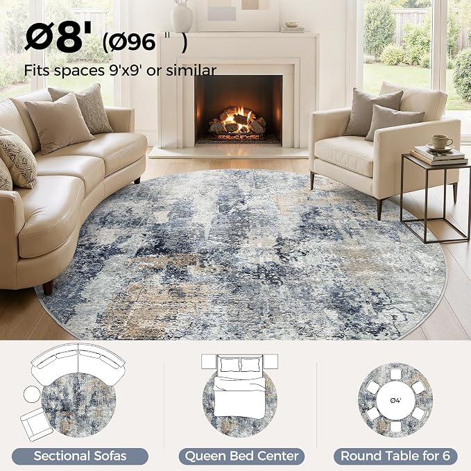WITSHOCK Area Rugs 8ft Round Living Room Rug - Washable Neutral Soft Low Pile Non-Slip Modern Abstract Thin Large Indoor Carpet for Bedroom Dining Room Nursery Office - Dark Blue Brown