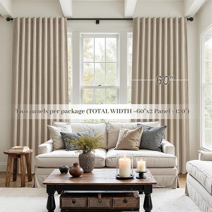 Blackout Curtains 60 Inches Extra Wide Grey Beige Linen Curtains 108 Inch Length for Living Room, Pleated Farmhouse Bedroom Thermal Drapes for Winter Large Window Energy Efficient(60"W x 108"L2Panels)